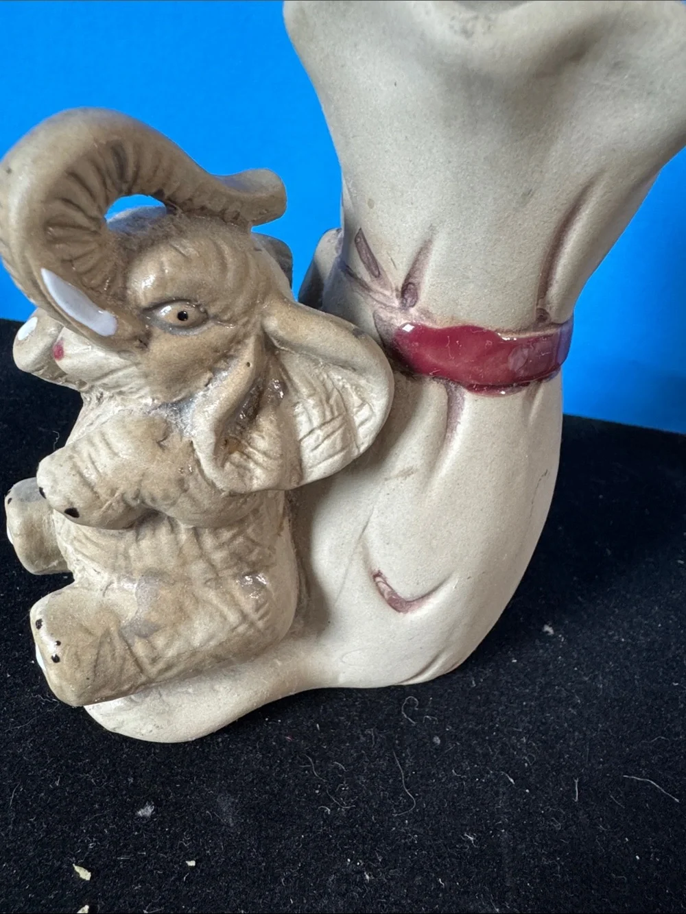 Vintage small Ceramic Elephant Vase with Bow Accent - Beige with Red & Blue